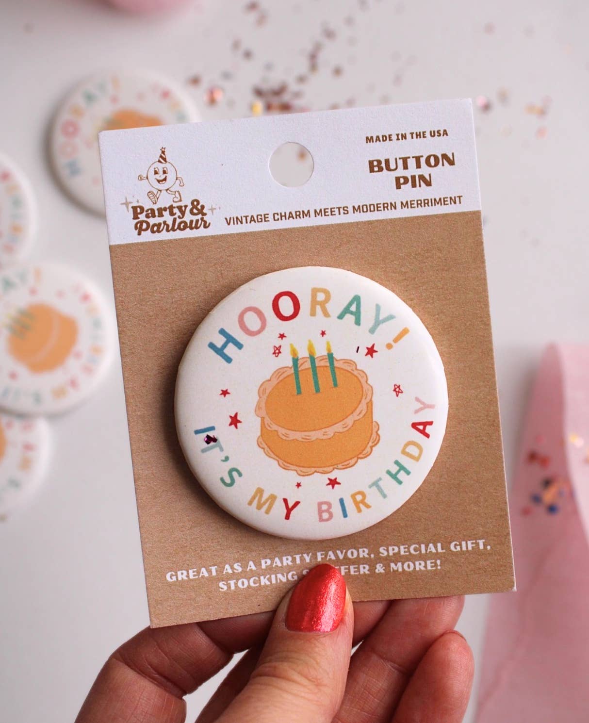2.25" Hooray It's My Birthday Vintage Cake Button Pin Badge