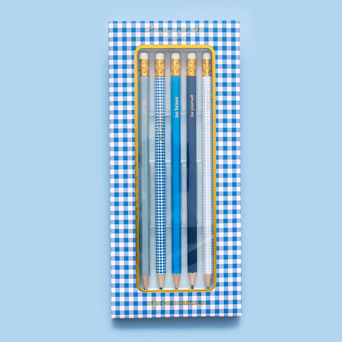 Pencil Set - Motivational - Asst Blues + Gingham - 5 Pc Set