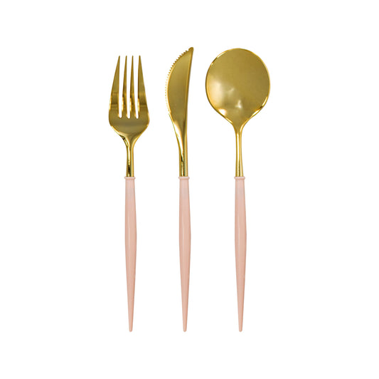 Bella Reusable Plastic Cutlery Gold/Blush Handle/ 24 PC, Service for 8