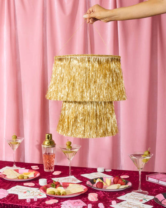 Golden Fringe Chandelier - sparkly foil, 16" tall x 12" wide