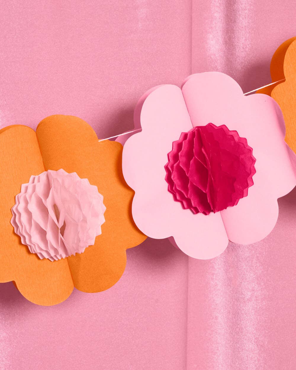 Flower Garland - 3D paper 10 ft banner, pink, orange, kids