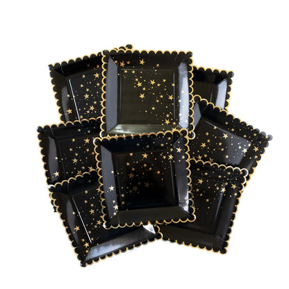 Gold Stars Black Scalloped 9" Plates- 8ct